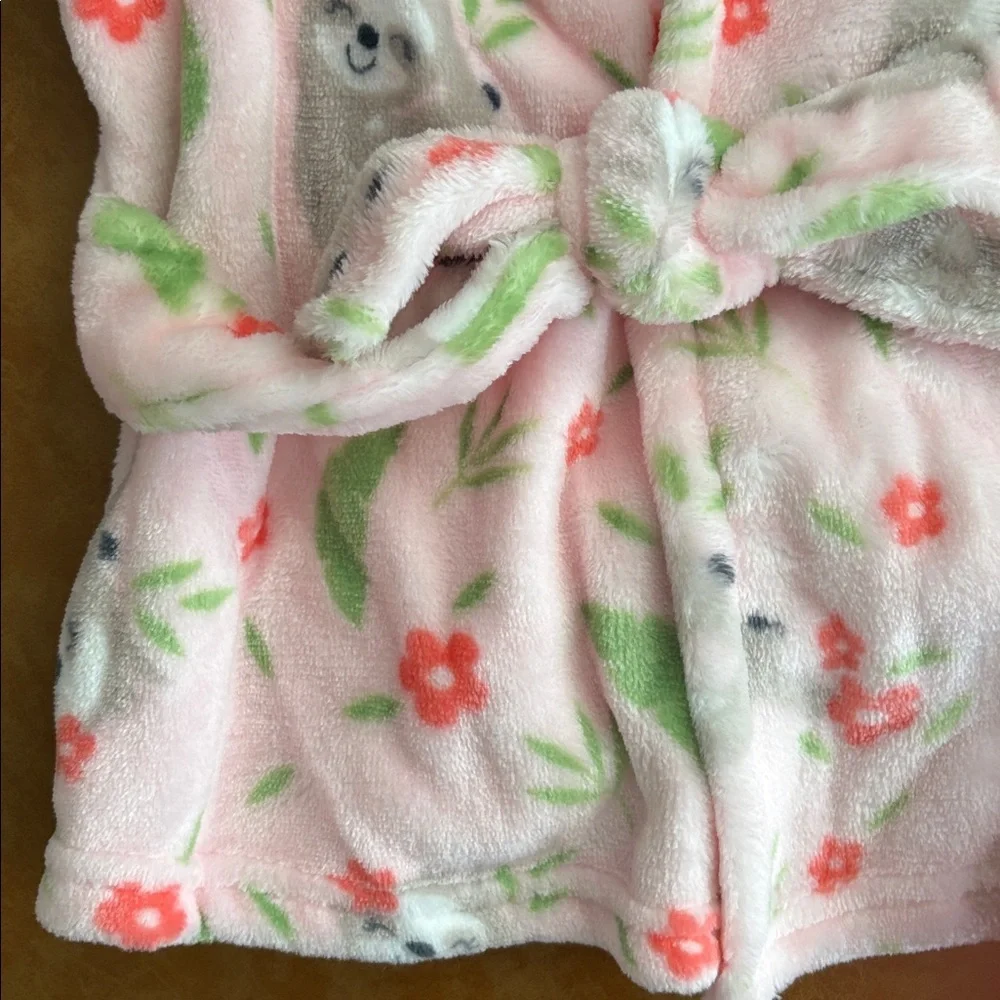 New! Baby Elements Plush Pink Floral Kids Bath Robe - Sloths - Size 0 - 9 months